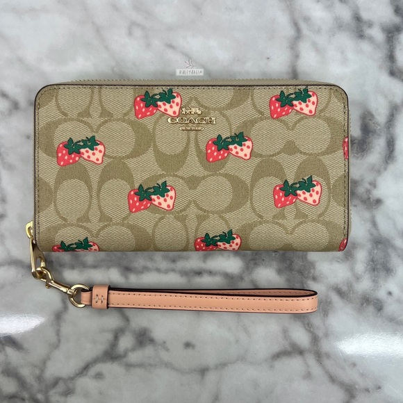 Coach Handbags - Coach Long Zip Around Wallet Wristlet In Signature Canvas With Strawberry Print